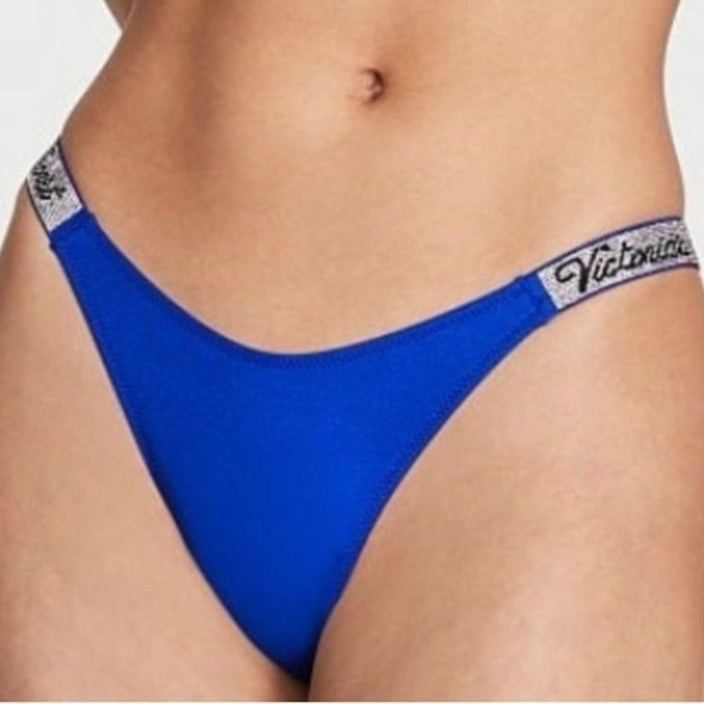XSmall Victorias Secret Swim BOMBSHELL BIKINI BOTTOM Silver Shine Strap Blue - Picture 4 of 6